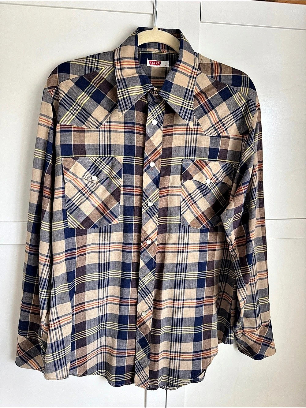 Levi's vintage 70’s Plaid Snap-Front Shirt in Blue & Beige Large Like New